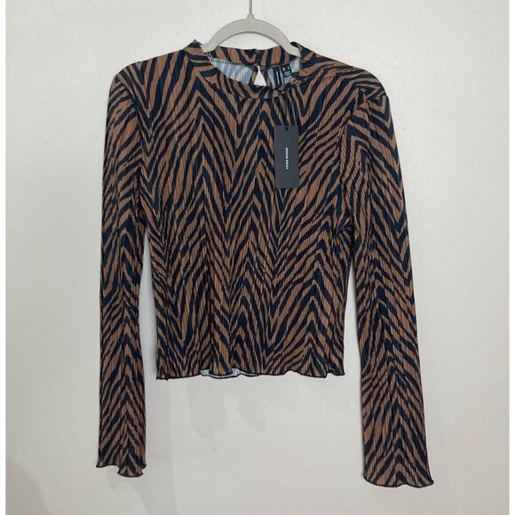 Vero Moda Wilhelmina Plisse Top Chocolate Torte Stripe Print Women's Size Small - Picture 1 of 10